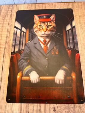 Train Conductor Kitty Metal Sign Cute Cat Working Cat Metal Home Decor FAST SHIP